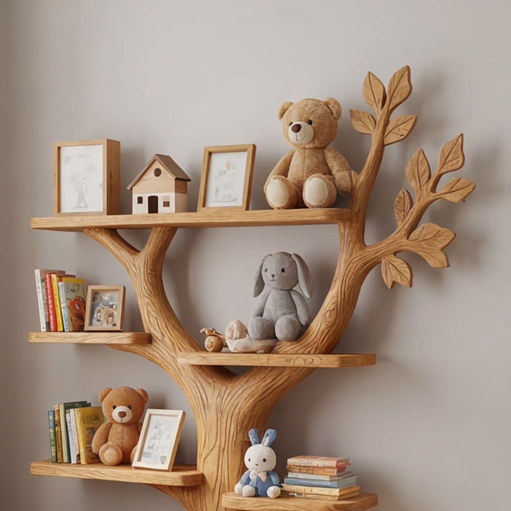 Hand-carved solid wood kids bookshelf with a sculptural tree branch design