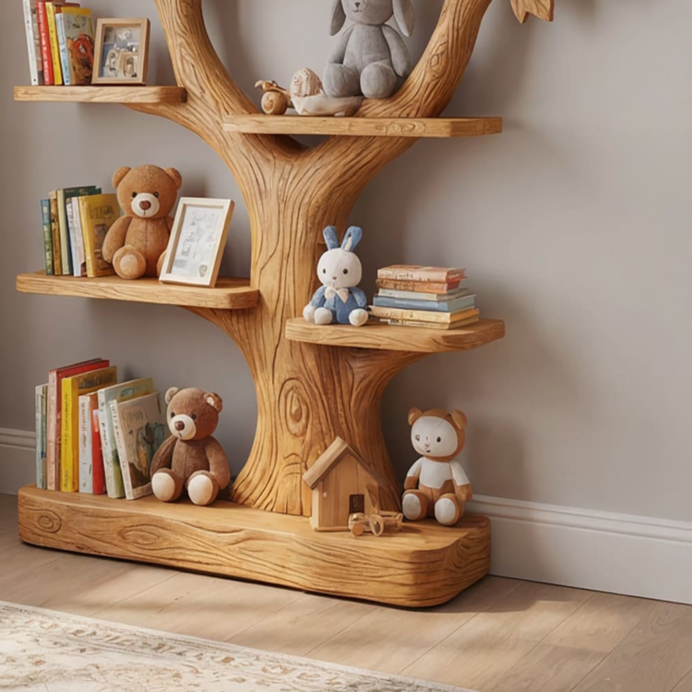 Tree branch nursery bookshelf in solid wood with a unique sculptural design