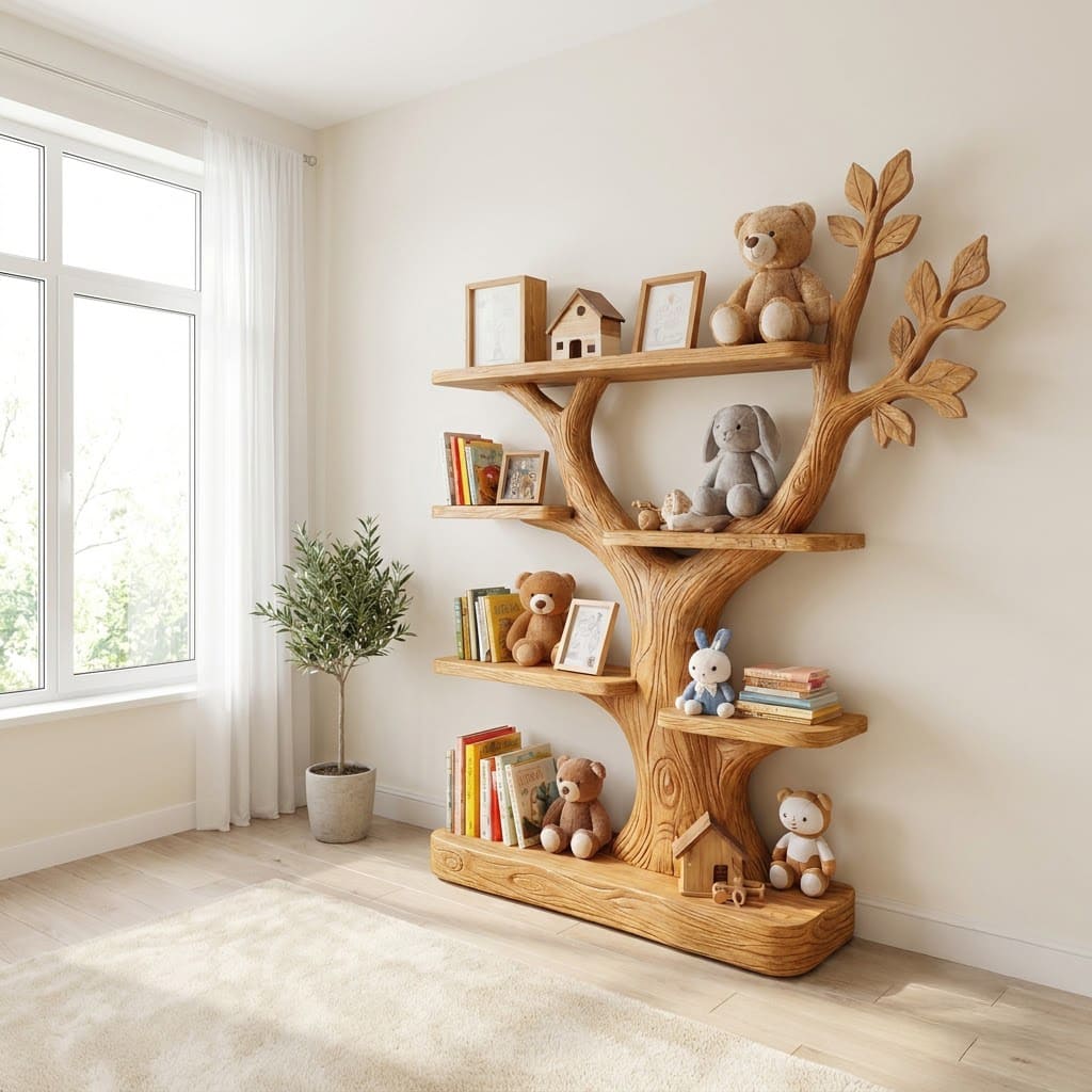 Sculptural hand-carved solid wood kids bookshelf with tree branch details for modern nurseries