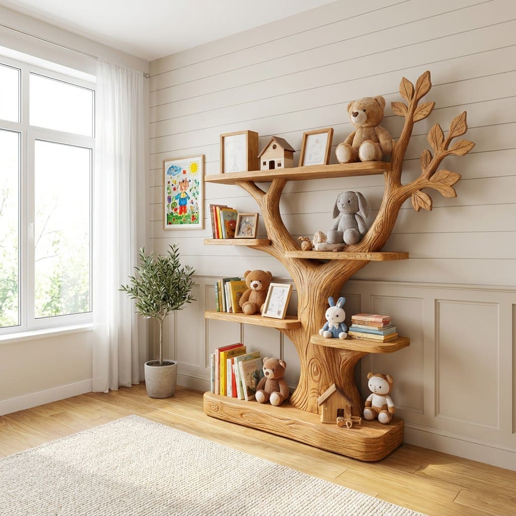Hand-carved solid wood nursery bookshelf with a tree branch design for stylish children's rooms