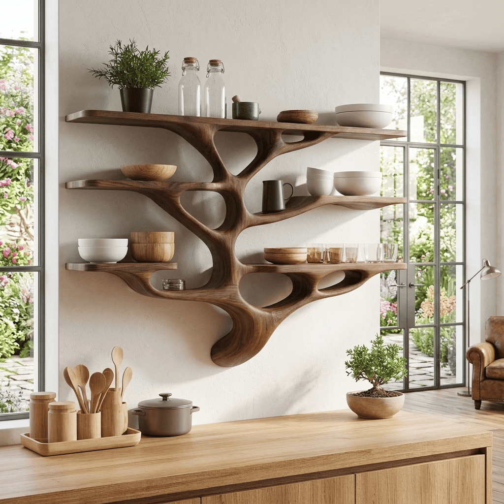 Sculptural solid wood tree branch kitchen wall shelf in a modern kitchen