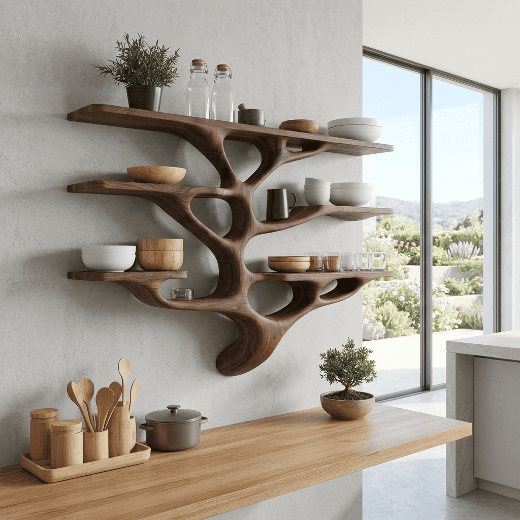 Hand-carved solid wood tableware display shelf styled above a kitchen counter