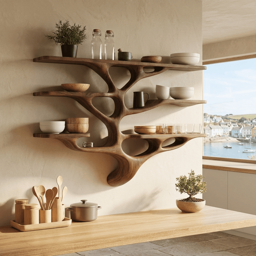 Organic solid wood kitchen wall shelf displayed in a contemporary dining space