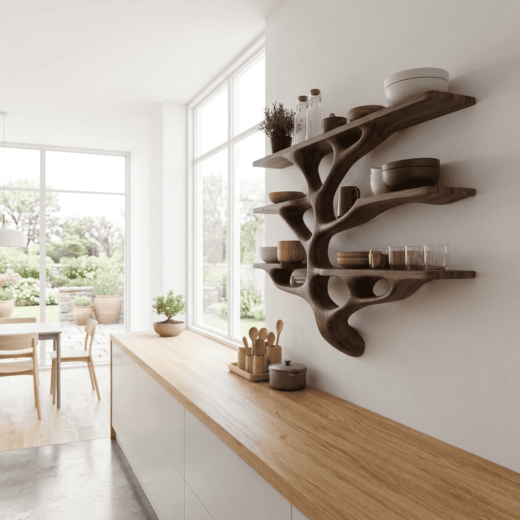 Artistic solid wood tree branch shelf enhancing a minimalist kitchen interior