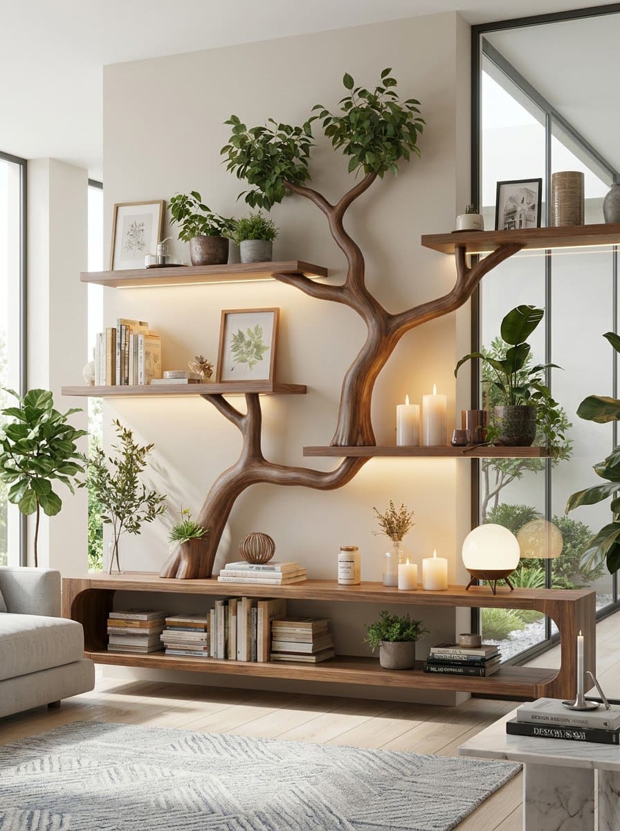 Sculptural hand-carved media console crafted from solid wood with tree branch details