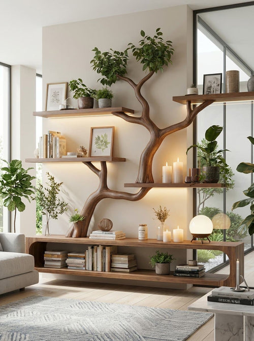 Sculptural Hand-Carved Tree Branch Solid Wood Media Console & Wall Bookshelf System
