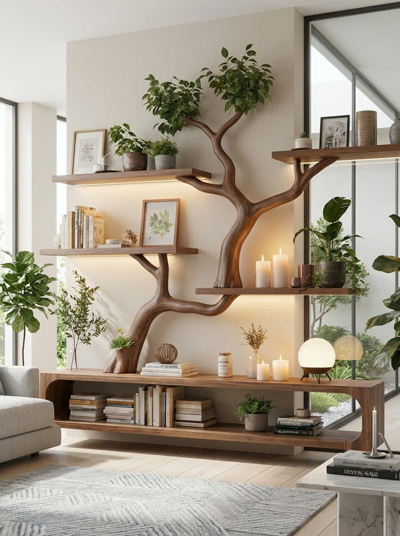 Sculptural hand-carved media console crafted from solid wood with tree branch details