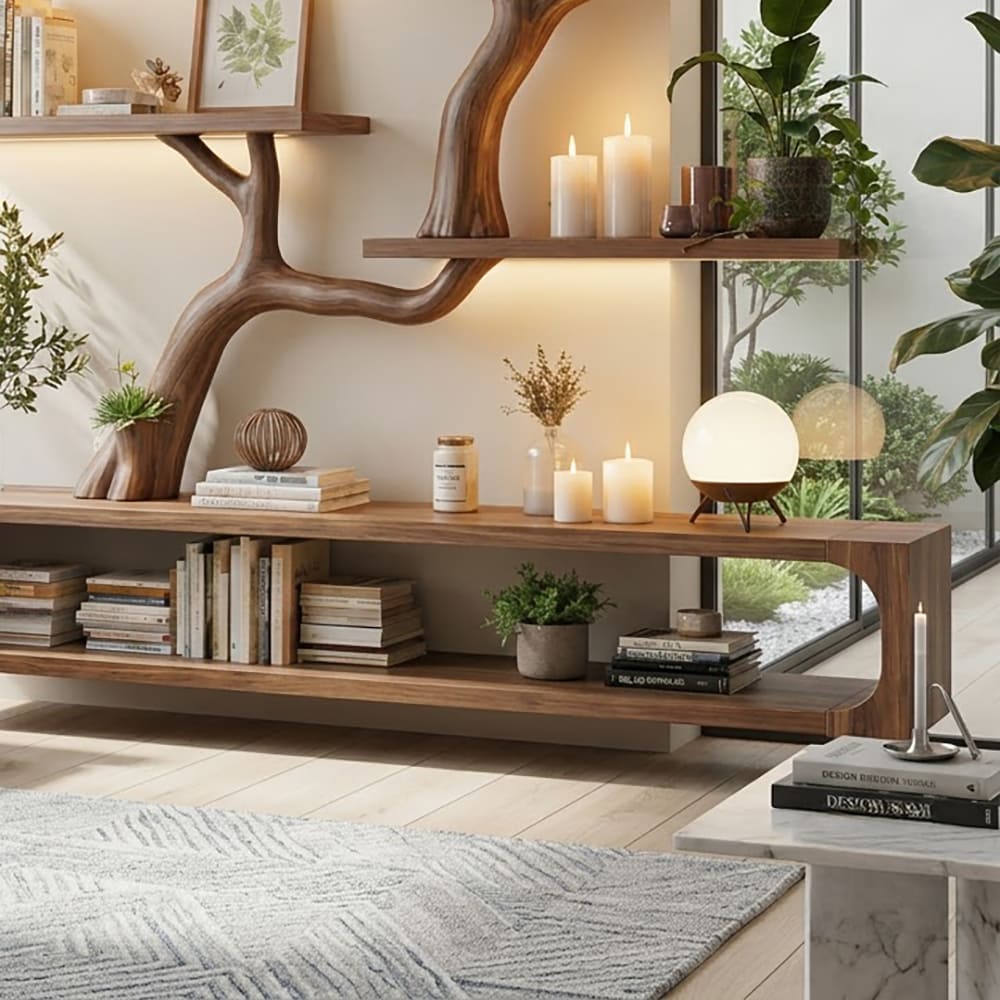 Hand-carved solid wood media console with an organic tree branch design