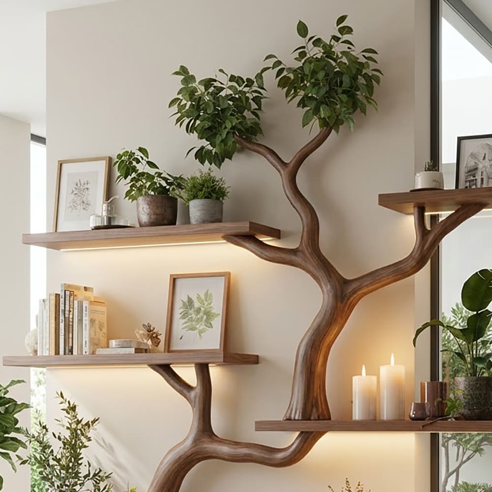 Tree branch wall bookshelf system in solid wood with a sculptural hand-carved design