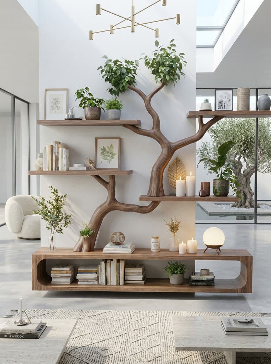 Sculptural solid wood wall bookshelf and media console with organic branch detailing for stylish living spaces