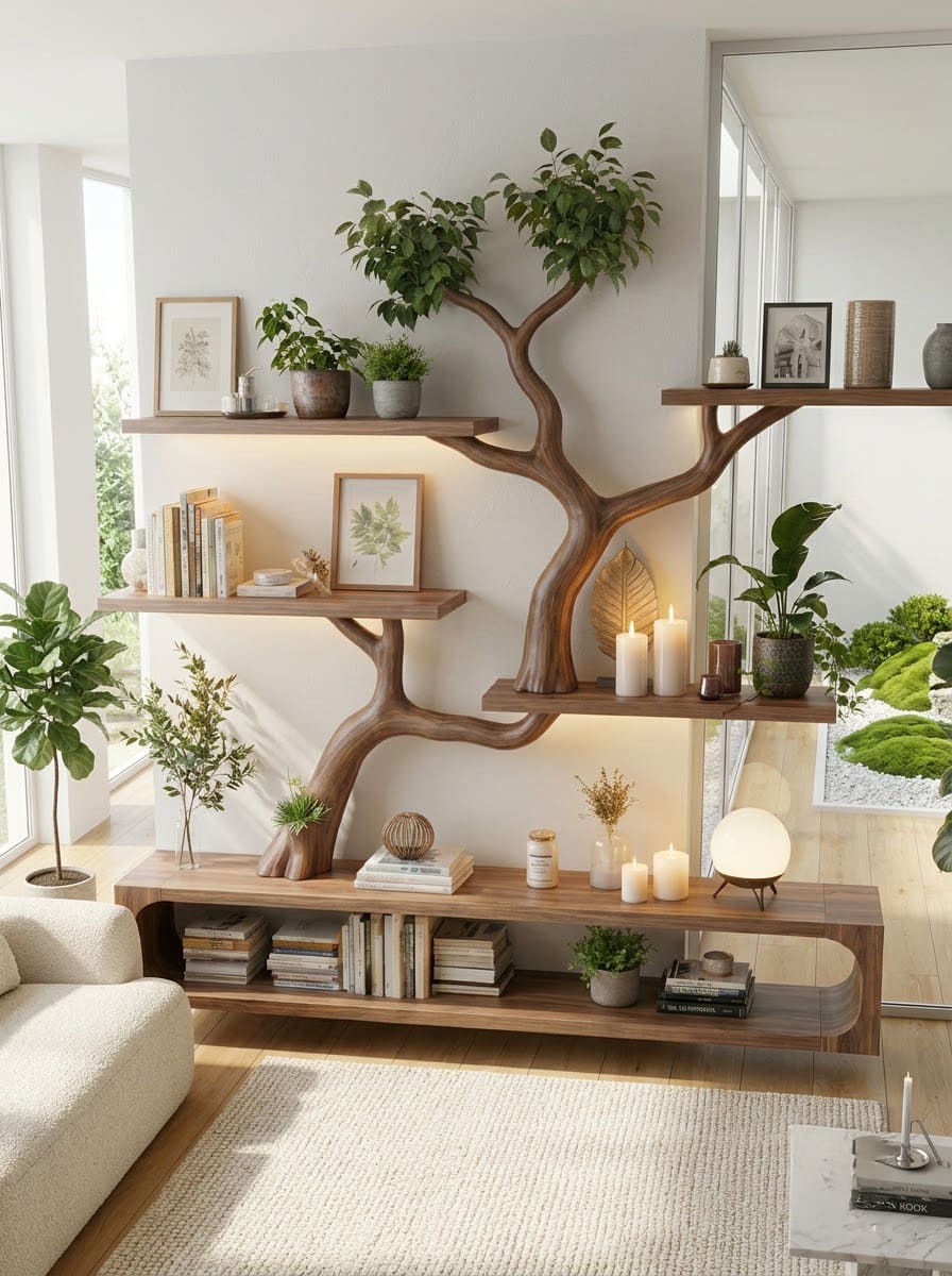Hand-carved solid wood media console with tree branch bookshelf design for contemporary home interiors