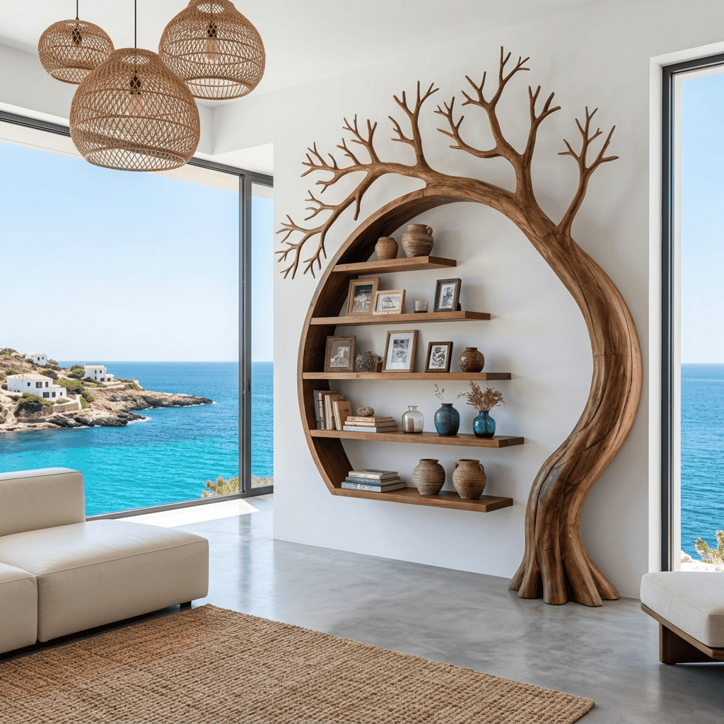 Sculptural solid wood tree moon bookshelf in a contemporary living room