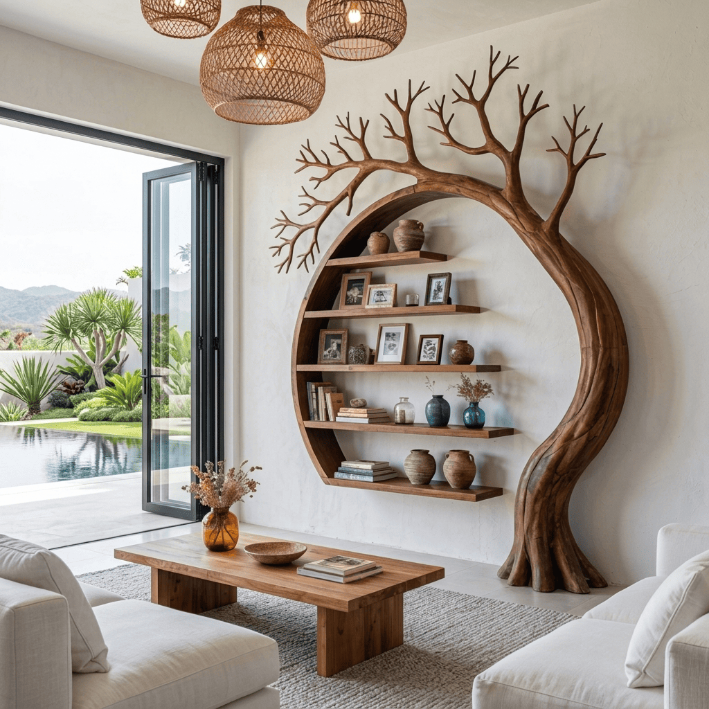 Hand-carved solid wood architectural display unit in a modern home interior