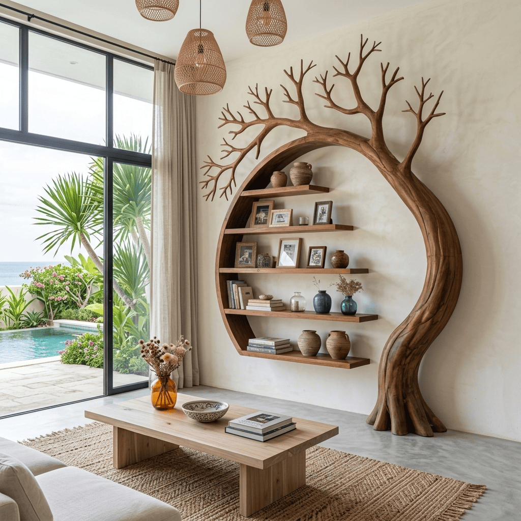 Artistic solid wood architectural bookshelf displayed in a modern living space