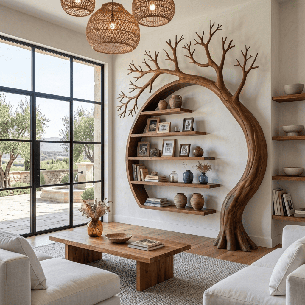 Organic solid wood tree moon bookshelf styled in a minimalist living room