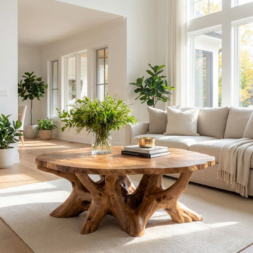 Sculptural Hand-Carved Tree Root Round Solid Wood Coffee Table & Sprawling Branch Base