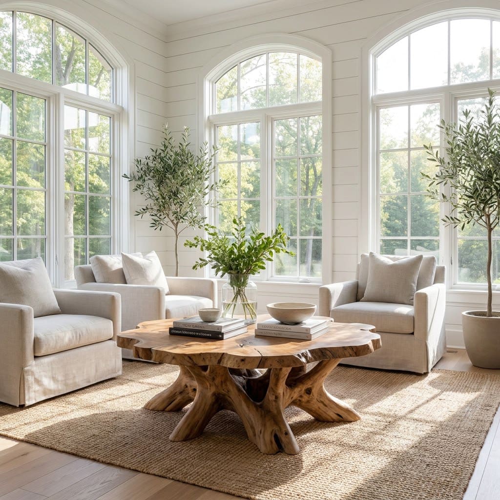 Sculptural solid wood tree root round coffee table in a contemporary living room