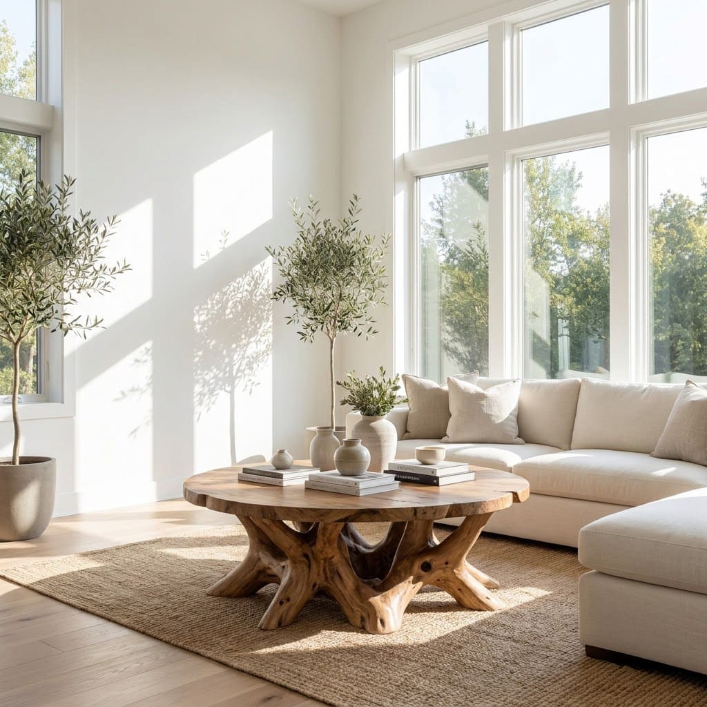 Organic solid wood tree root coffee table displayed in a cozy living space