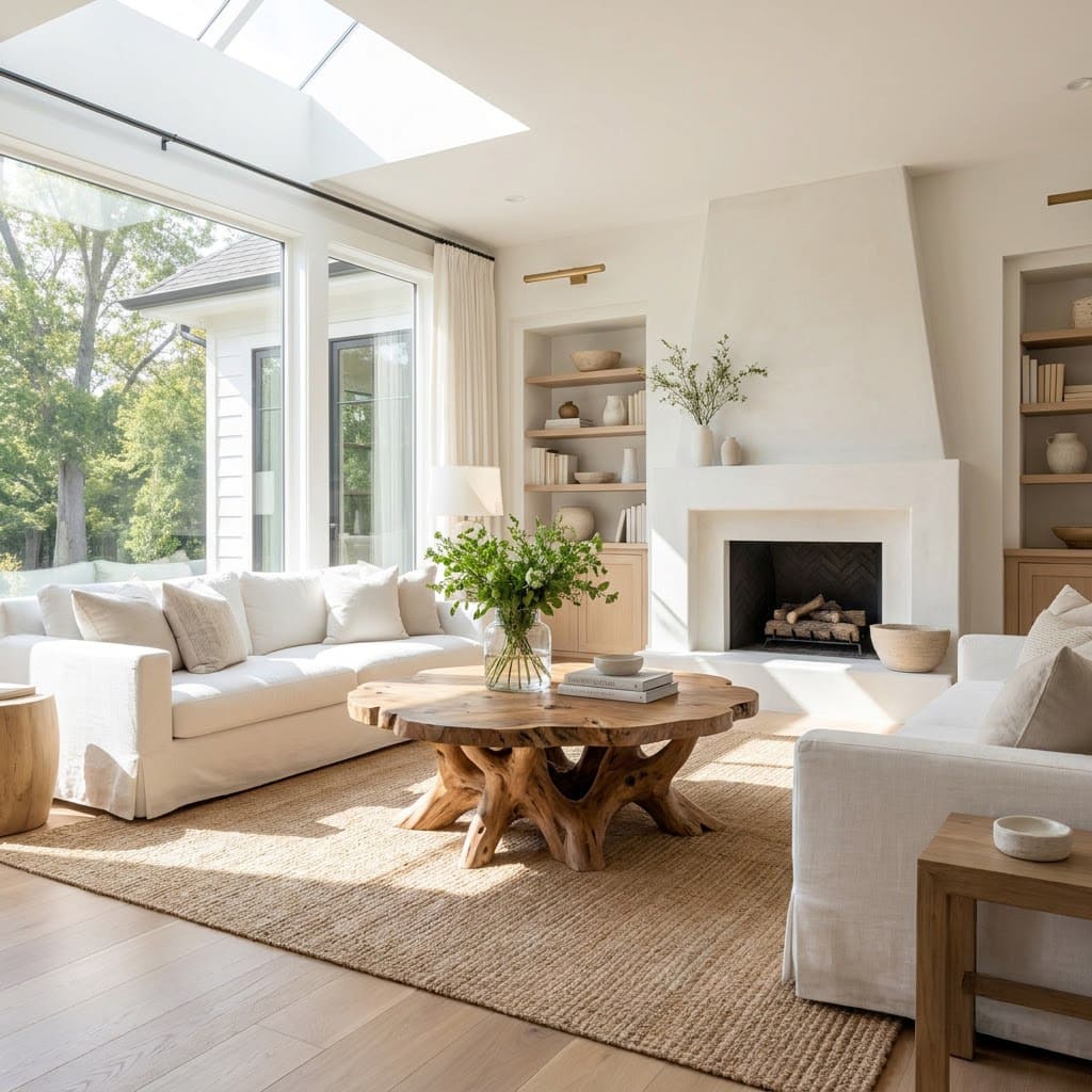 Sculptural solid wood round coffee table showcased in an elegant seating area