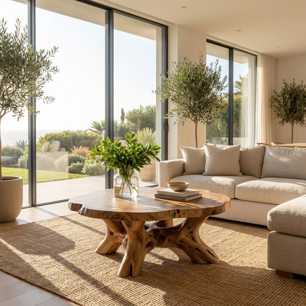 Organic solid wood tree root coffee table displayed in a cozy living space