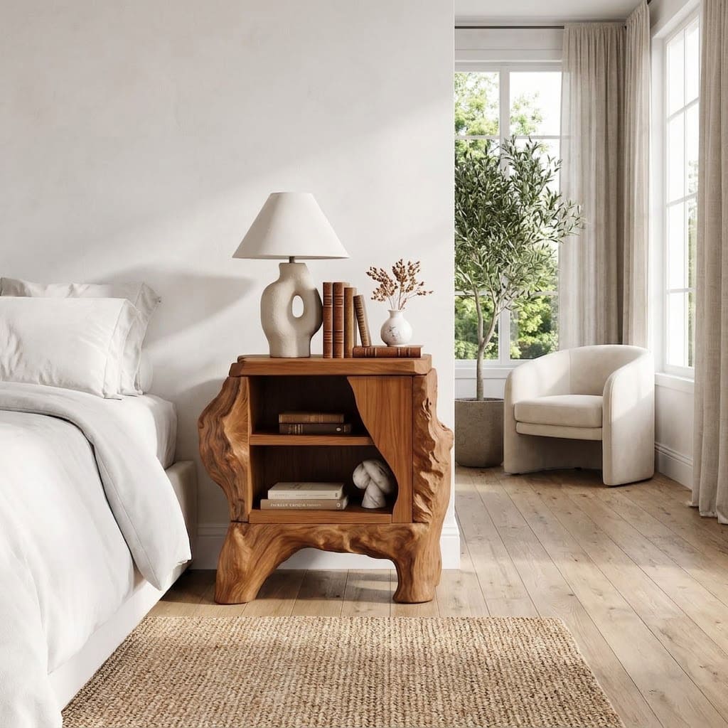 Sculptural hand-carved tree root nightstand in solid wood