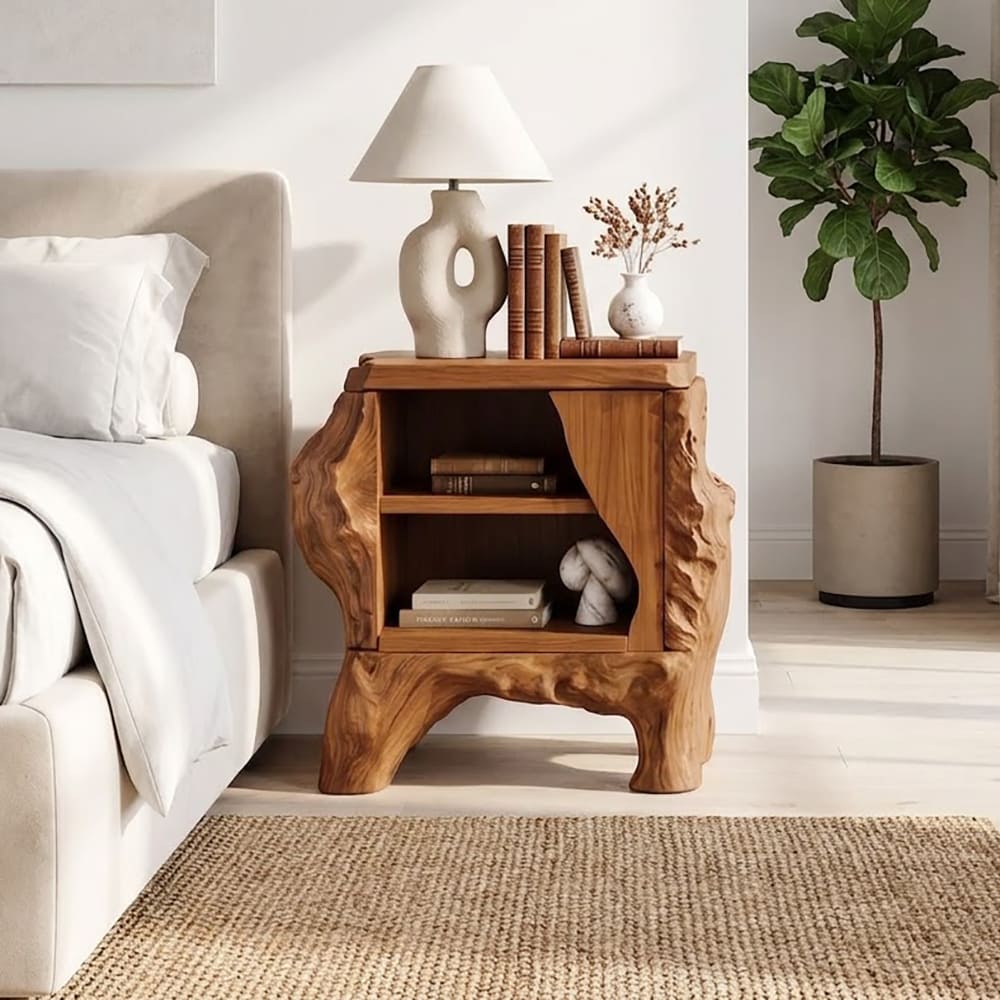 Hand-carved solid wood tree root nightstand styled in a luxury master bedroom