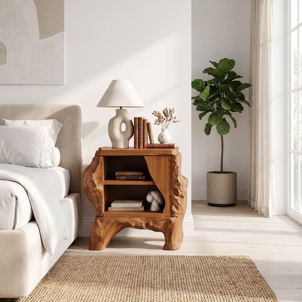 Contemporary solid wood root side table placed beside a modern upholstered bed