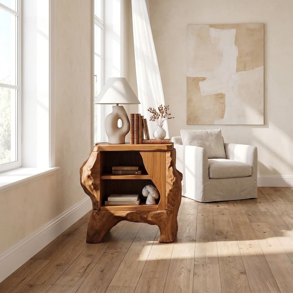 Artisanal solid timber 2-tier tree stump table elevating an organic modern guest room