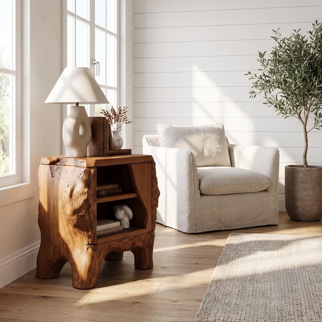 Sculptural natural wood 2-tier bedside table for a cozy rustic bedroom nook