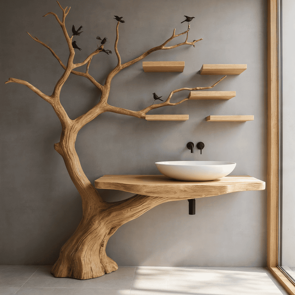 Sculptural tree bathroom vanity crafted from solid wood with a hand-carved design
