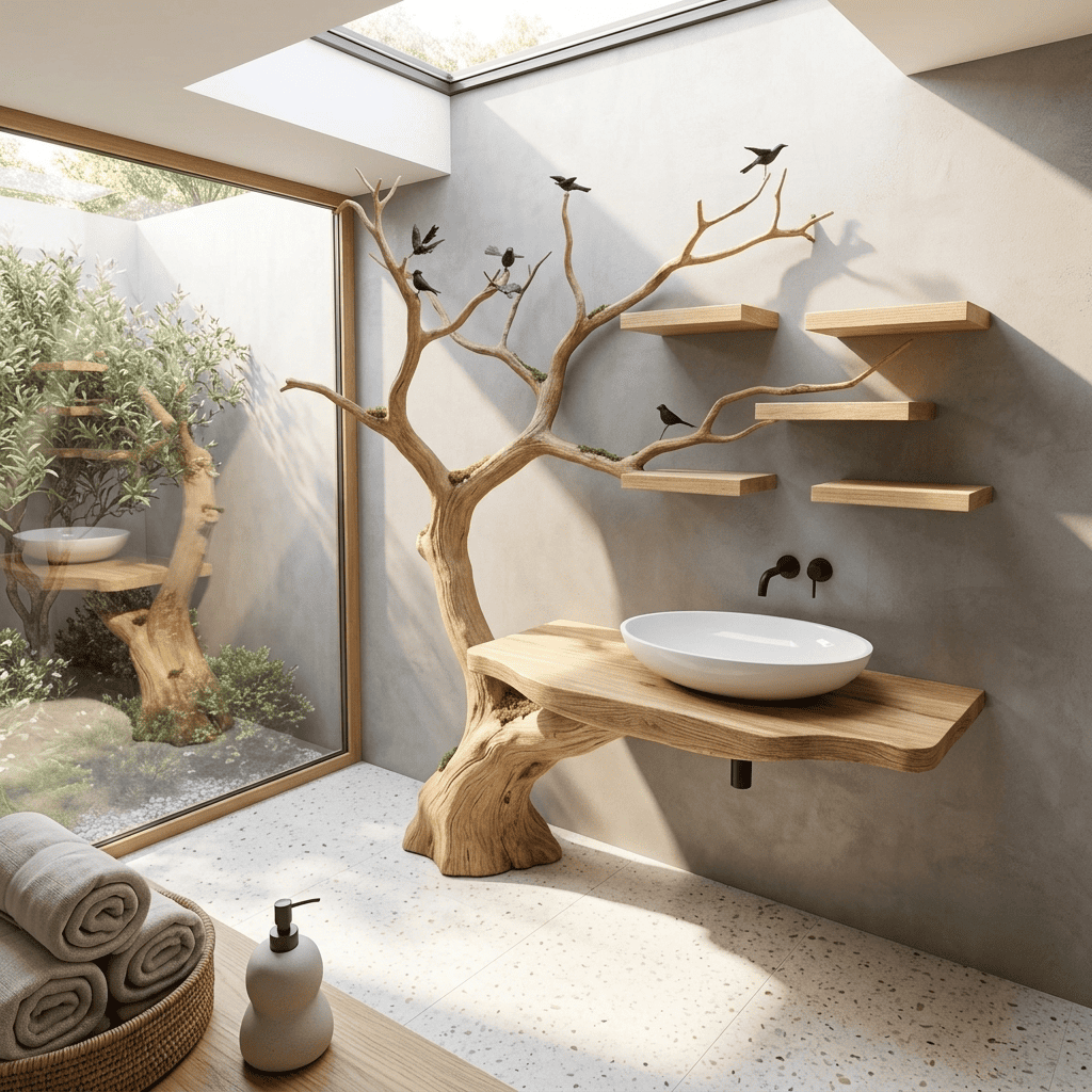 Sculptural hand-carved solid wood tree bathroom vanity with sprawling branch wall unit for modern bathrooms