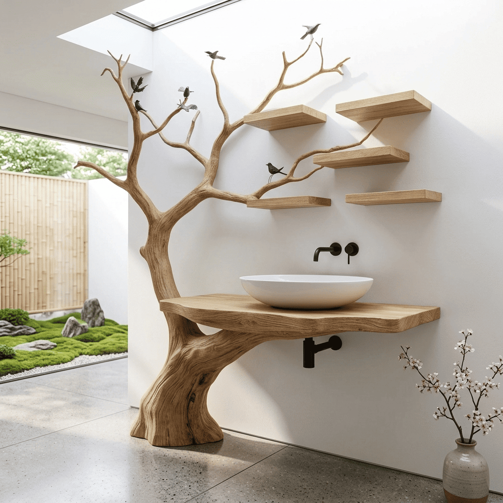 Hand-carved solid wood bathroom vanity with sprawling tree branch wall unit for contemporary bathroom interiors