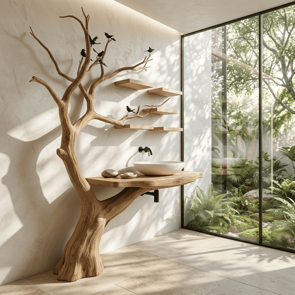 Sculptural solid wood bathroom vanity and branch wall unit with organic detailing for stylish modern spaces