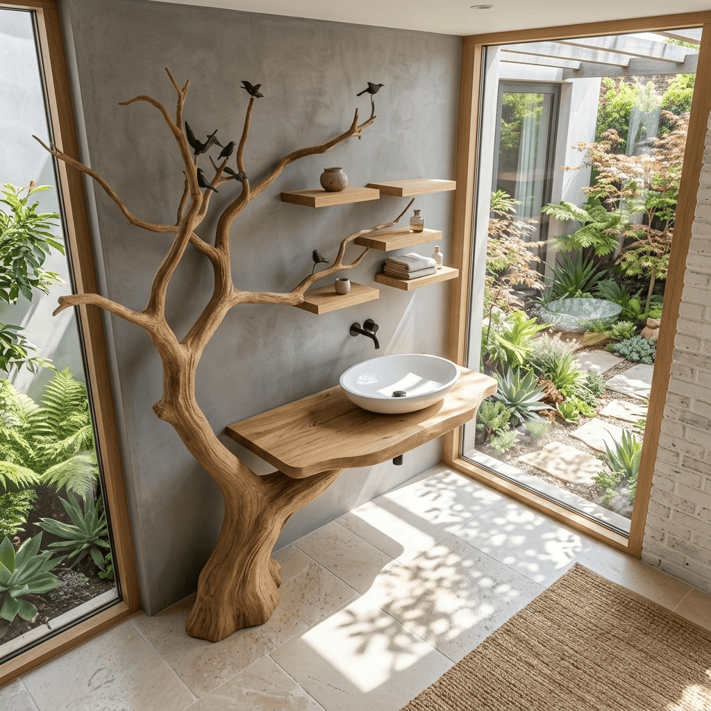 Hand-carved solid wood tree bathroom vanity with an expansive branch wall unit for elegant bathroom interiors