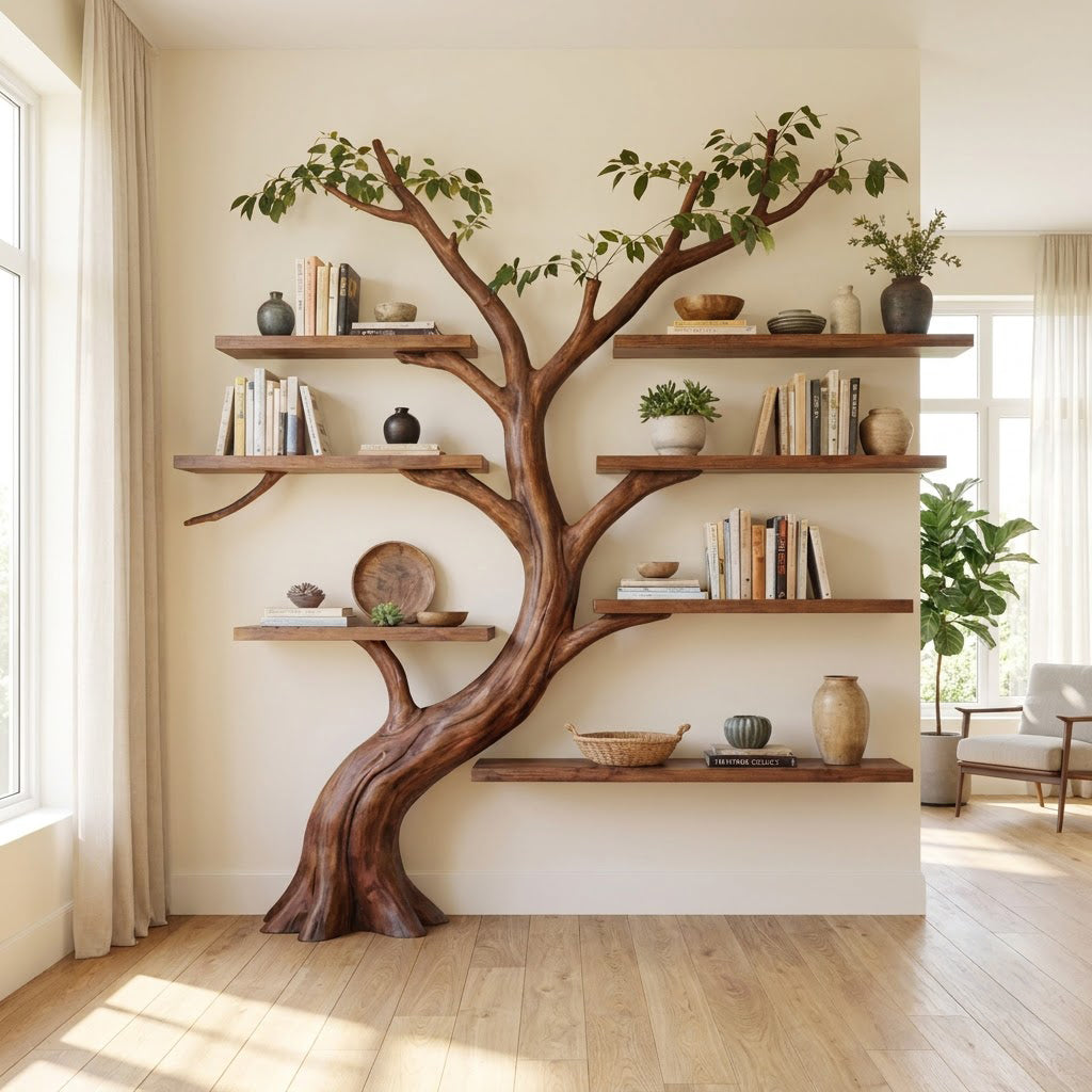 Hand-carved solid wood branch wall shelving unit in a modern reading nook