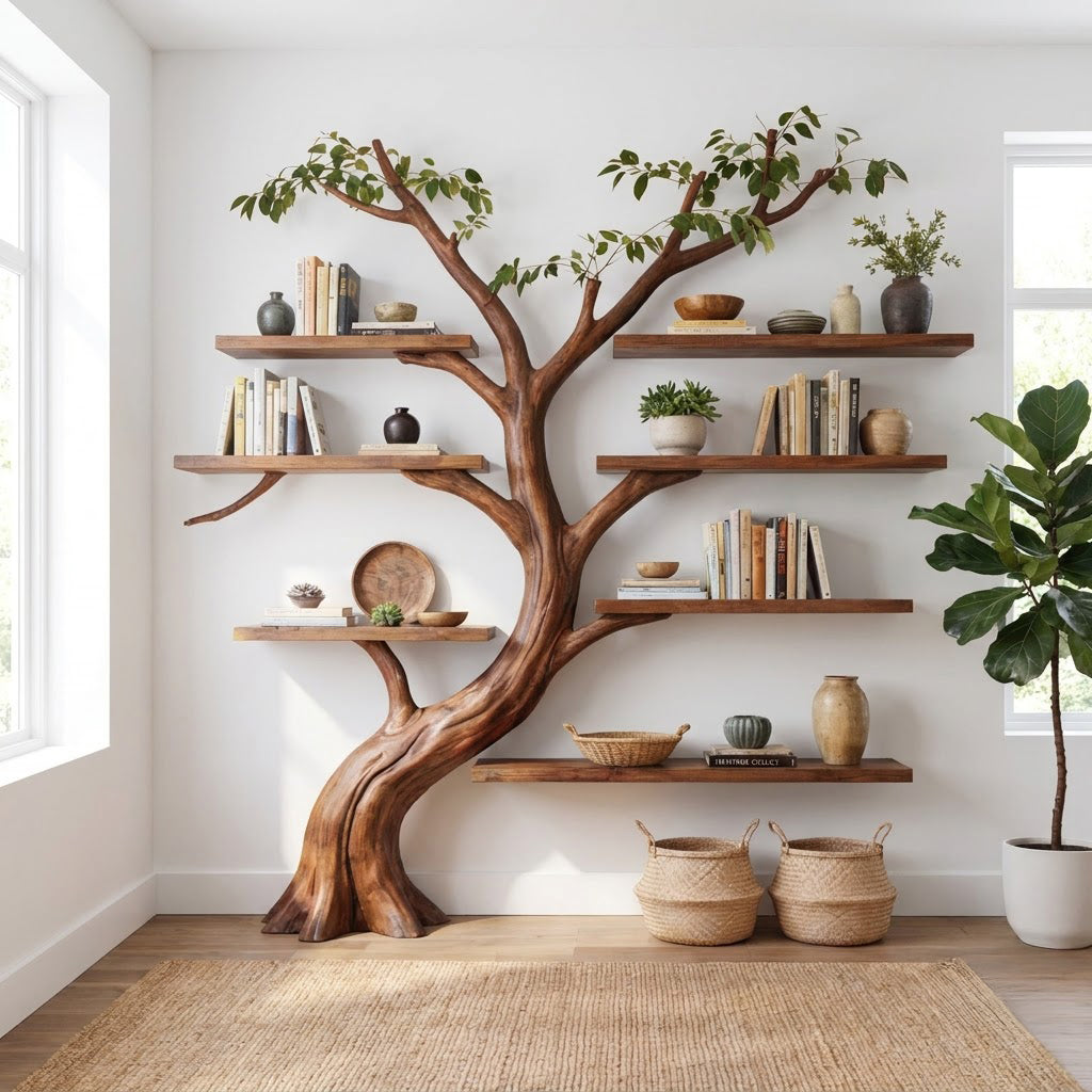 Sculptural solid wood wall shelving unit showcased in an elegant home interior