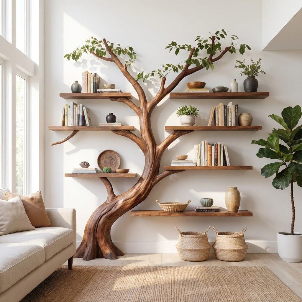 Artistic solid wood tree bookshelf enhancing a contemporary living space