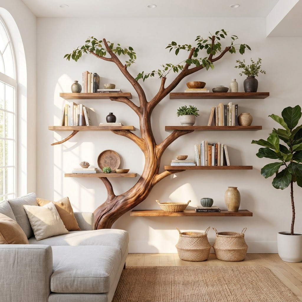 Artistic solid wood tree bookshelf enhancing a contemporary living space