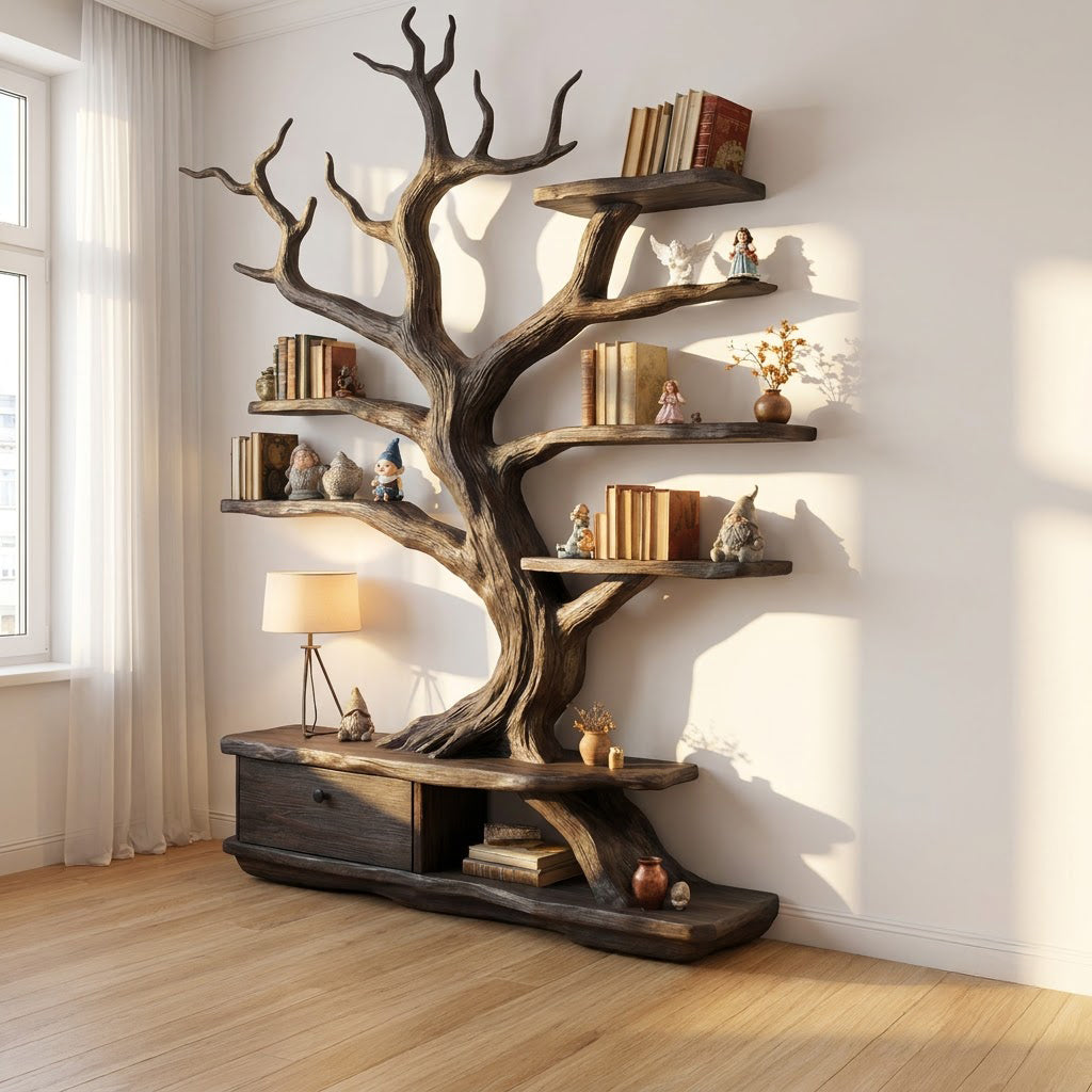 Sculptural solid wood tree bookshelf in a contemporary living room