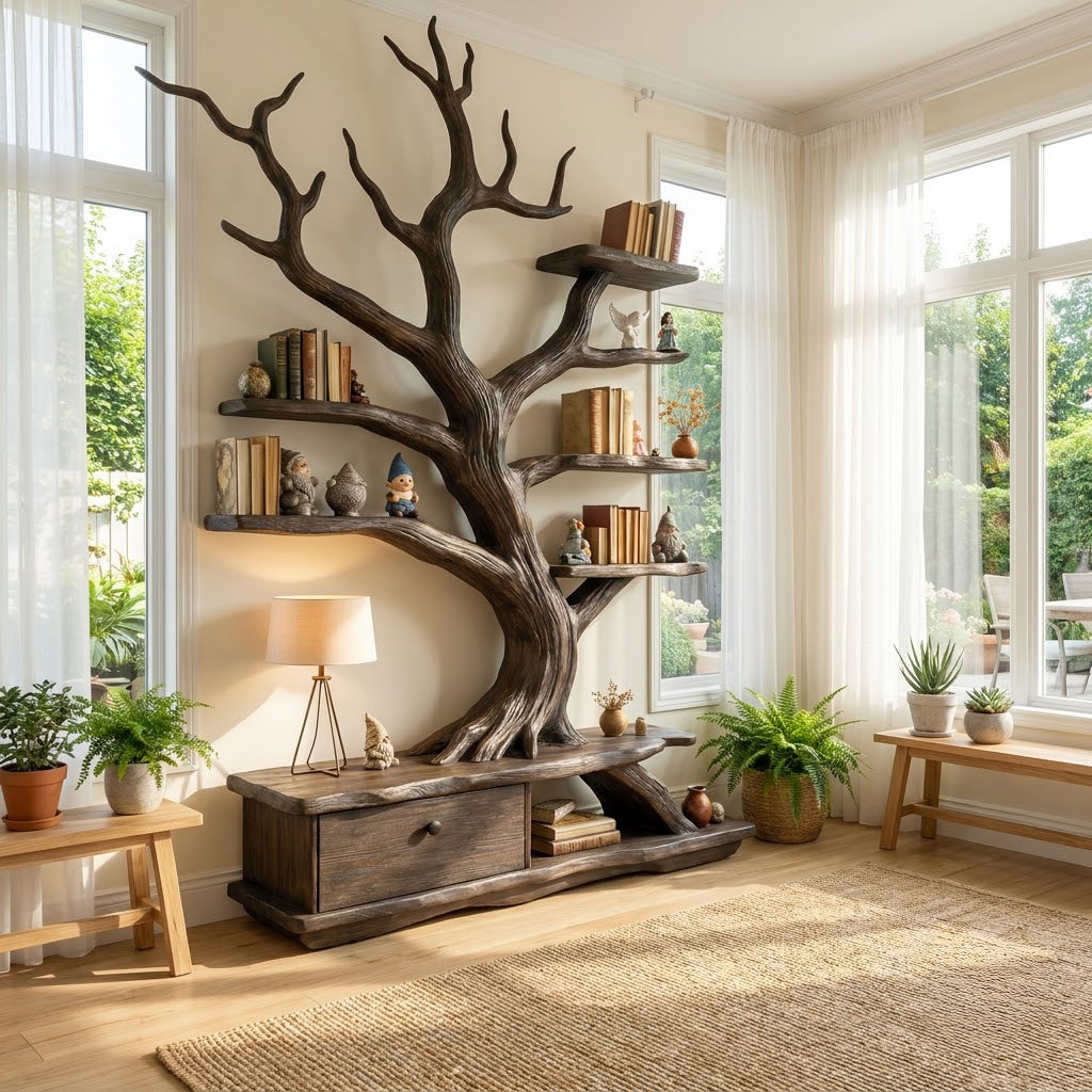 Hand-carved solid wood branch wall display unit styled in a modern reading nook