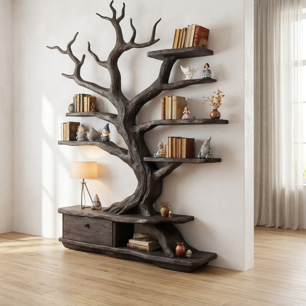 Organic solid wood tree bookshelf displayed in a minimalist home office