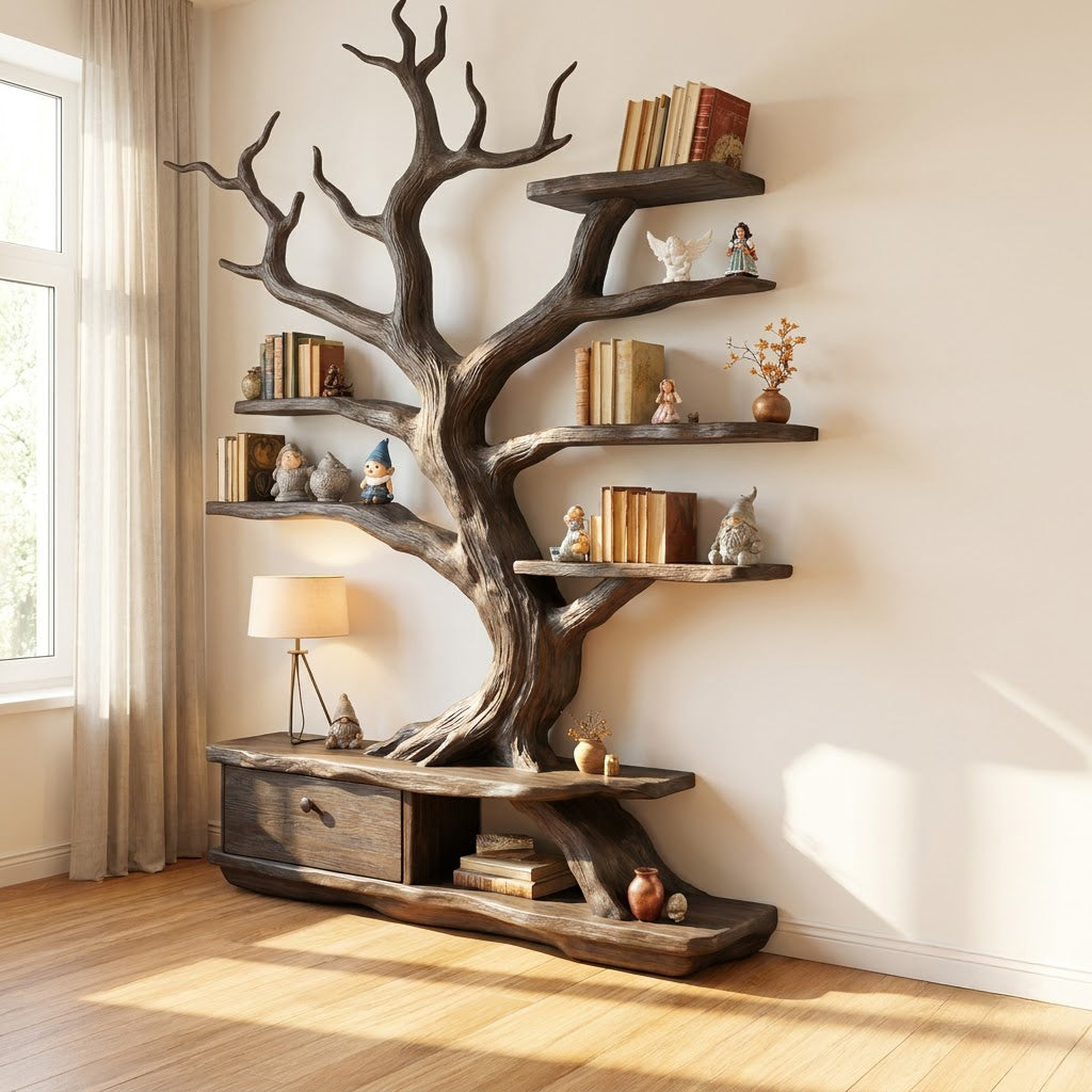 Artistic solid wood tree bookshelf enhancing a contemporary living space