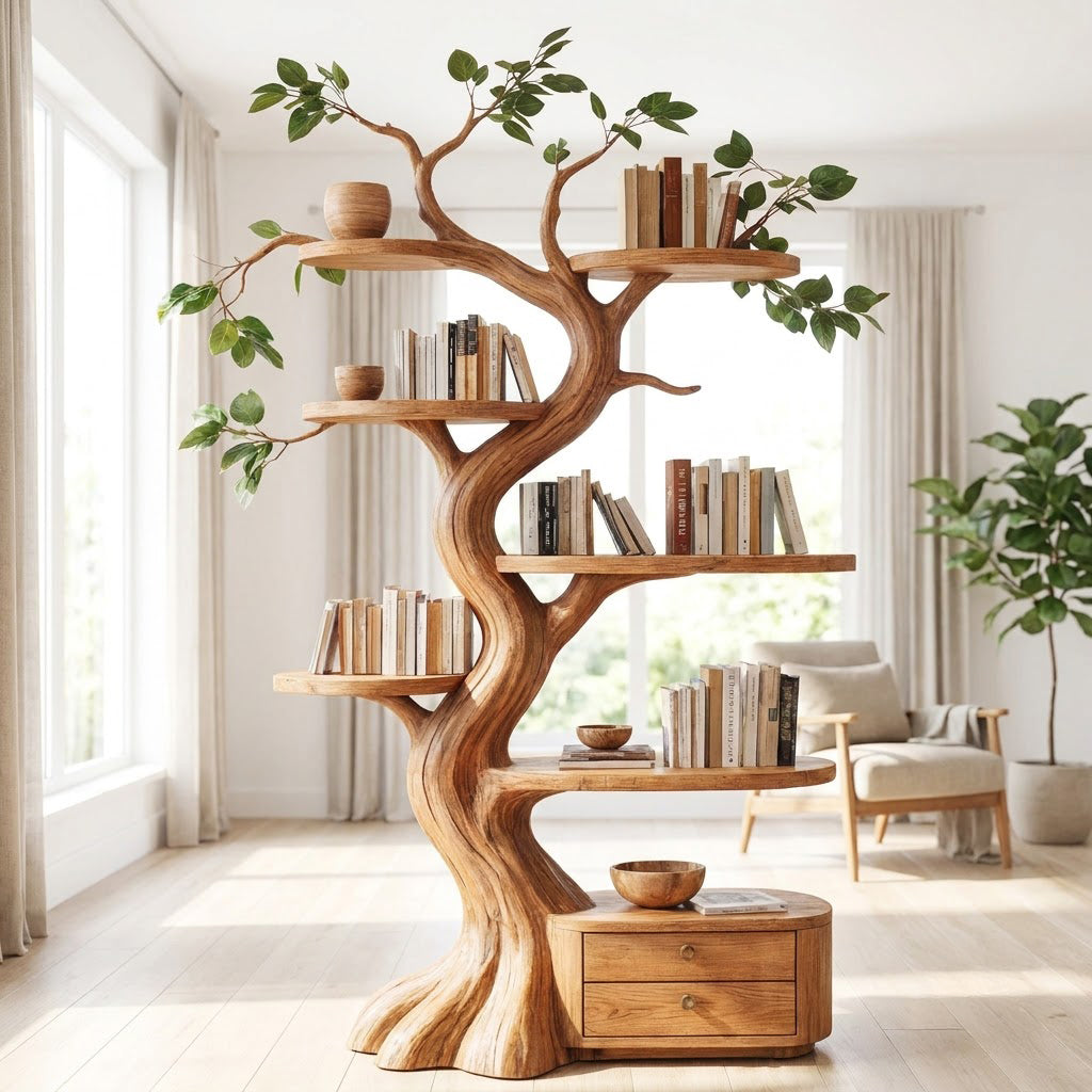 Sculptural hand-carved tree bookshelf with 2-drawer base in solid wood