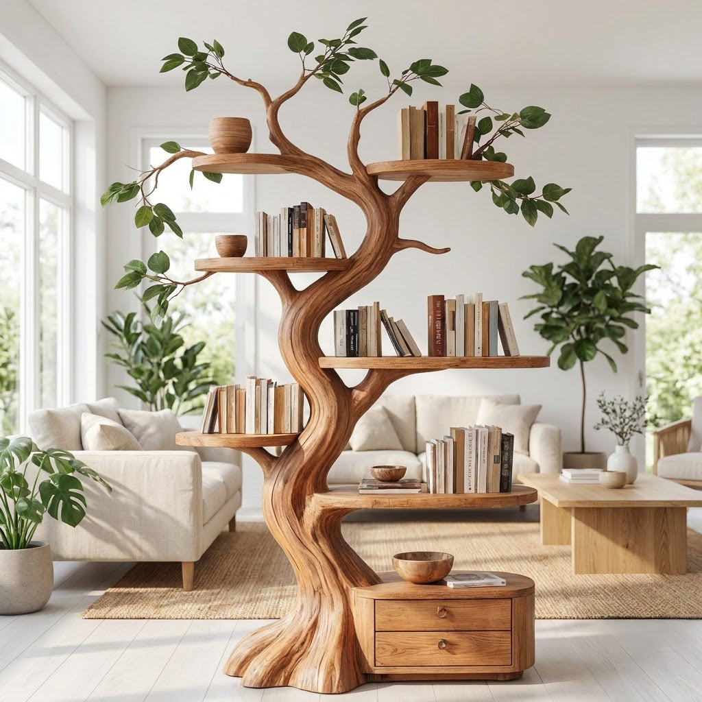 Hand-carved solid wood tree bookshelf with 2-drawer base styled in a modern living room