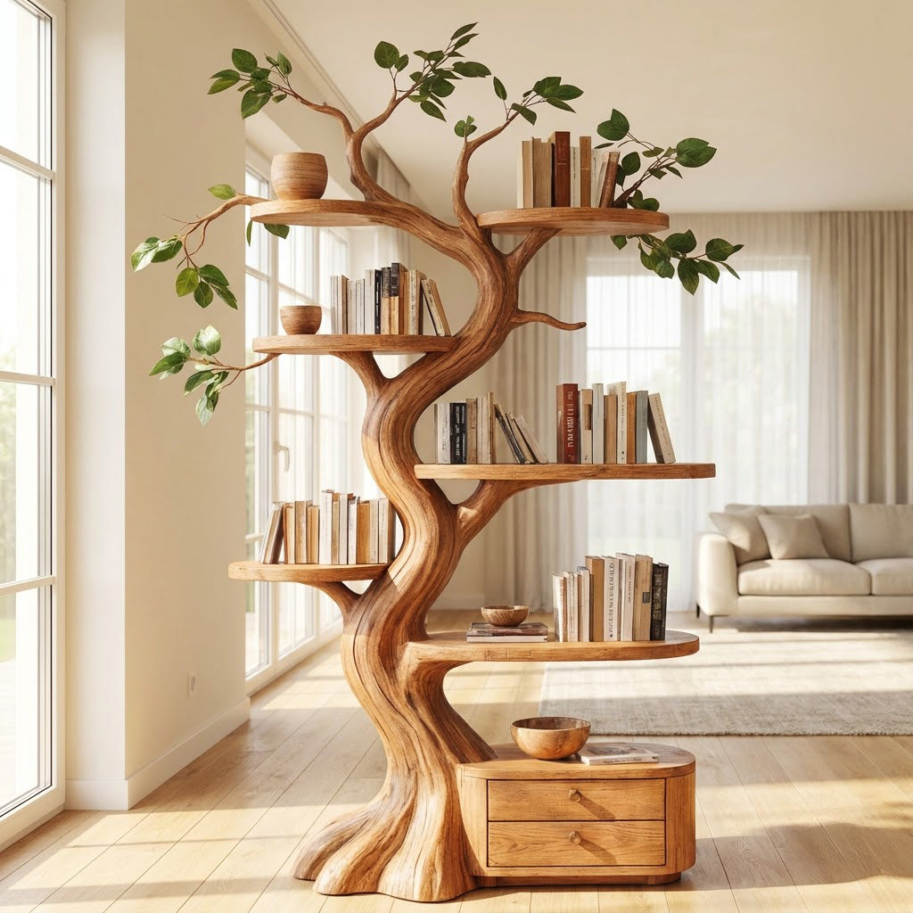 Contemporary solid wood sprawling tree bookcase with drawers mounted in an elegant living room