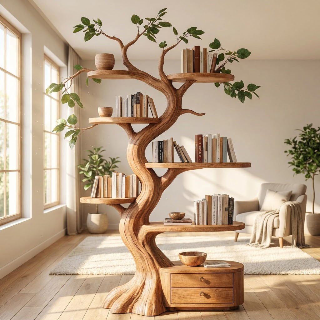 Sculptural natural wood branch wall display unit with storage for a cozy home library nook