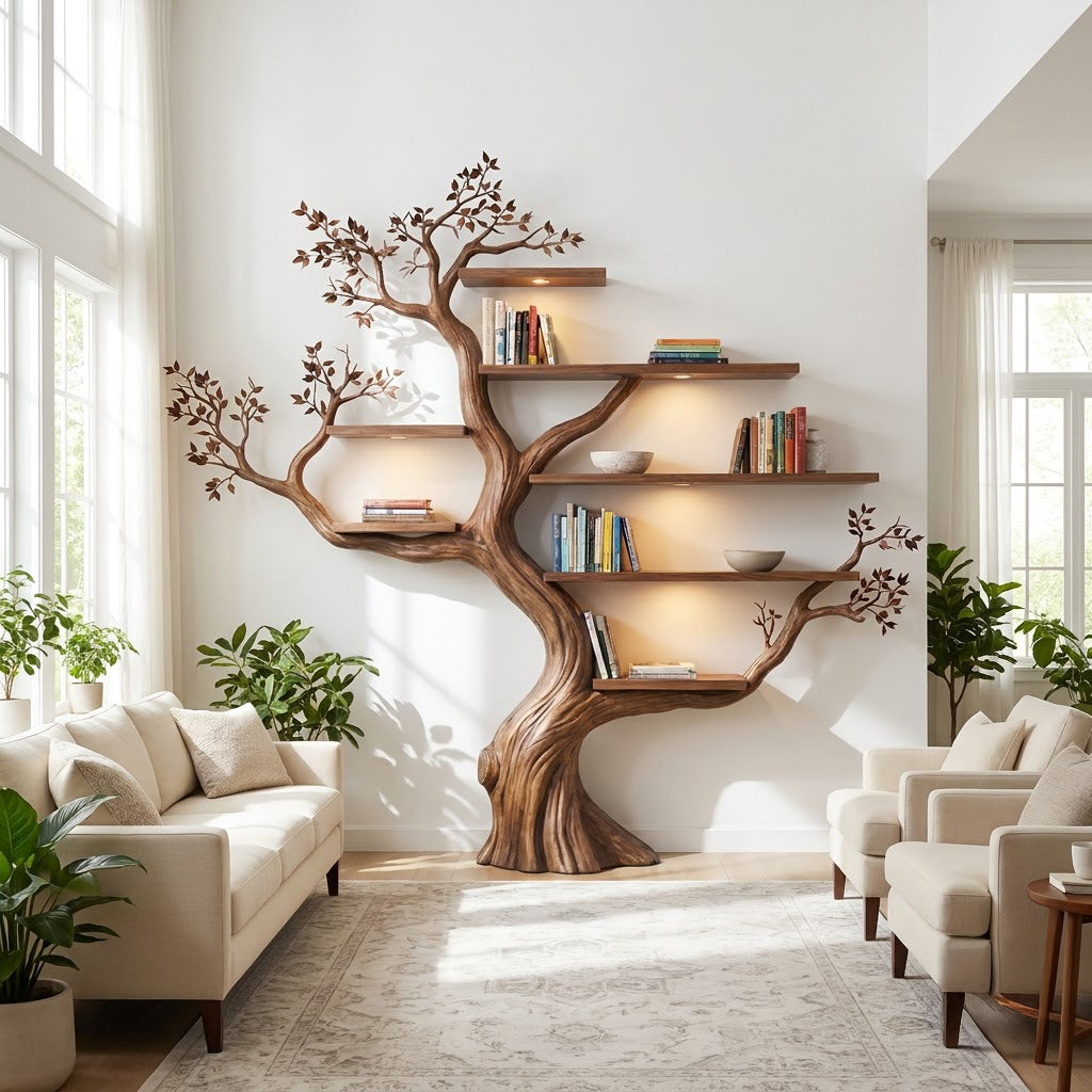 Hand-carved branch wall display unit in solid wood