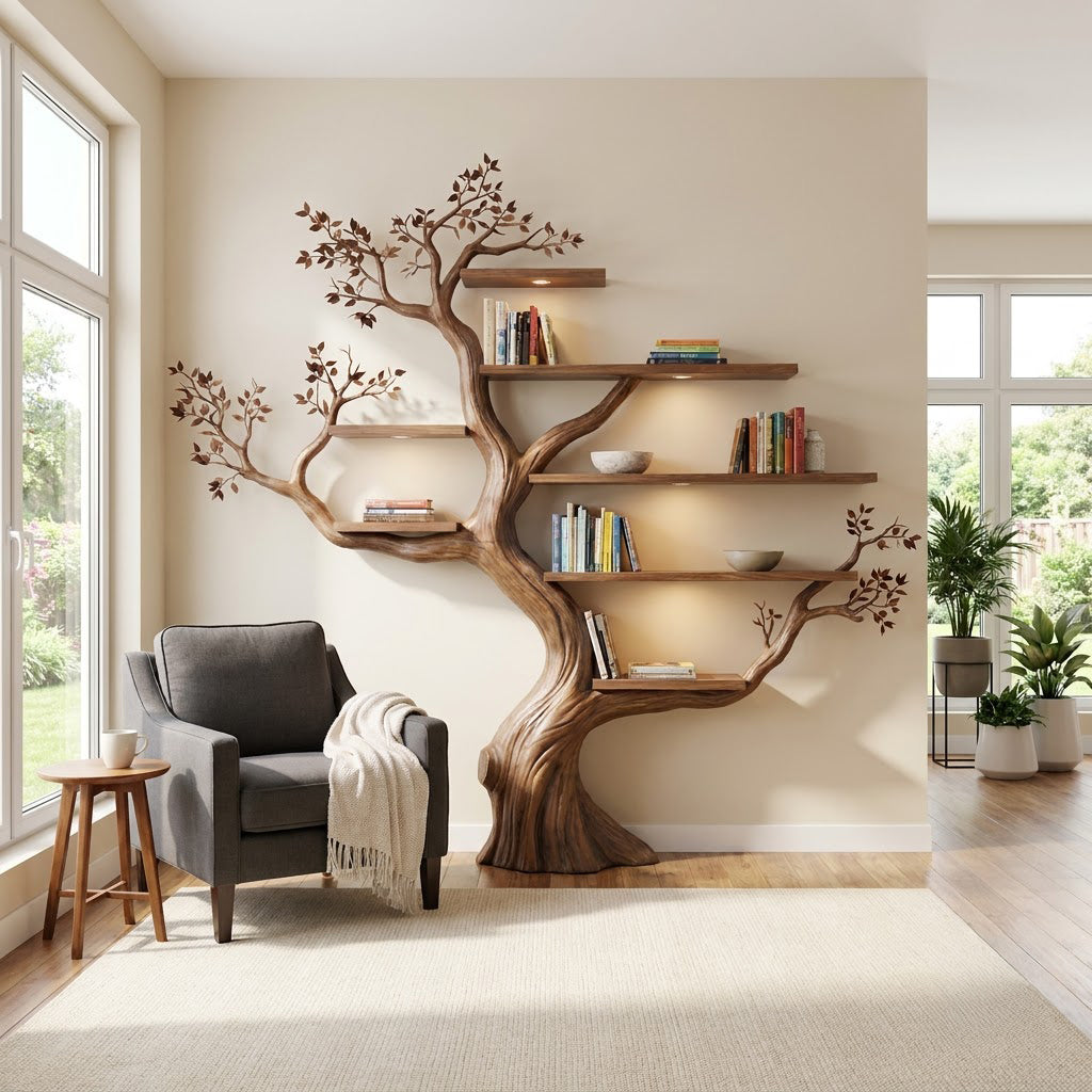 Hand-carved solid wood branch wall display unit styled in a modern reading nook