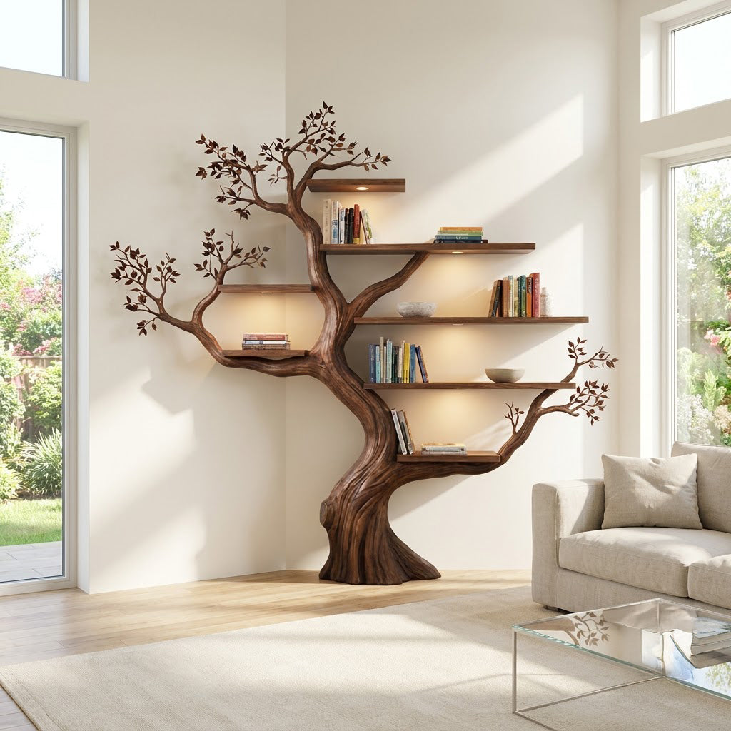 Sculptural solid wood tree bookshelf with ambient lighting in a contemporary living room