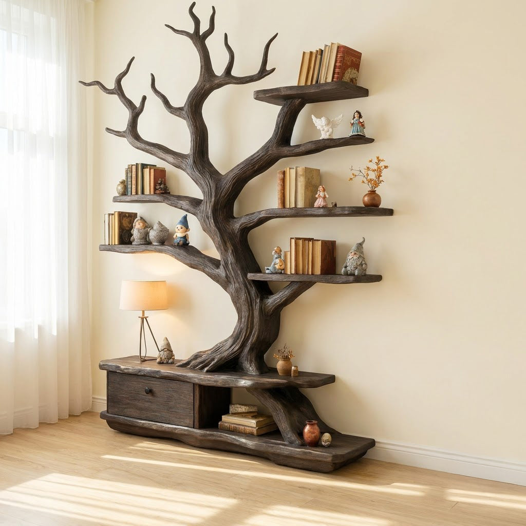 Hand-carved branch wall display unit in solid wood
